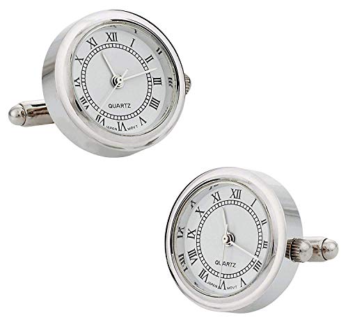 Round Silver Working Functional Watch Cufflinks with Presentation Box Gift Idea for Him