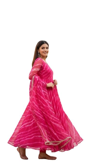 Women Pink Tie Dye Anarkali Gown with Dupatta | Georgette Long Flared Kurti Dress | Full Sleeves Round Neck Ethnic Wear for Wedding Party Festive-picture-50