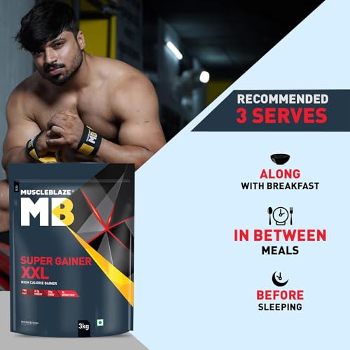 Image of MuscleBlaze Super Gainer XXL Powder, Chocolate (30 Servings, 3kg / 6.6lbs) | 15g Protein, 75g Carbs Per Scoop | High Protein Muscle Mass Gainer