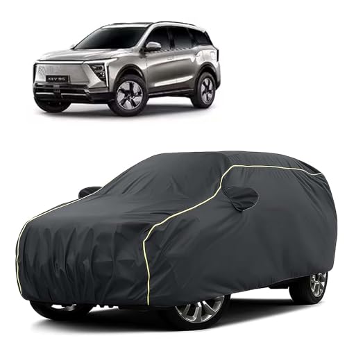 Image of Sulfar 100% Water Resistant Car Body Cover Compatible with Mirror for Mahindra XEV 9S (Triple Stitched, Full Bottom Elastic, Dark Grey Tafetta with Yellow Piping)