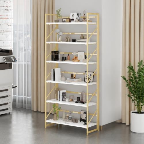 Image of JSB 6 Tier No Assembly Folding Bookshelf, 30.7 inch Wide Foldable Storage Bookcase for Home Office, Space-Saving Storage Shelf for Living Room (White&Gold)