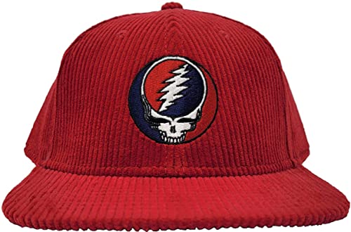 Image of Ripple Junction Grateful Dead Embroidered Steal Your Face Hat Retro Red Corduroy Adjustable Flat Bill Officially Licensed