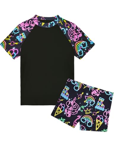 Image of Girls Swimsuit Colorful Short Sleeve Bathing Suits UPF 50+ Rash Guard Set Two Piece Summer Swimwear