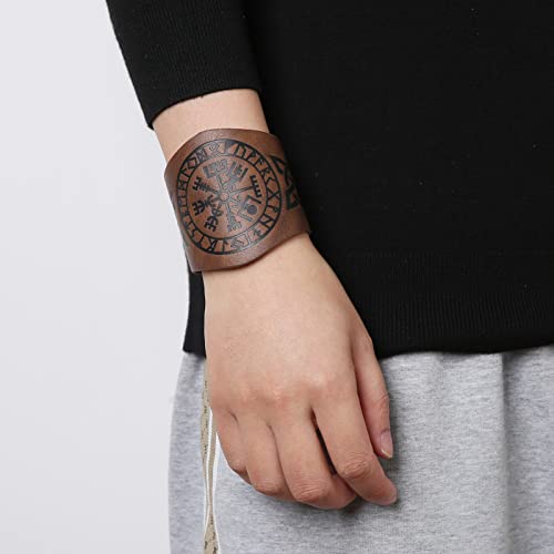 Hzman Medieval Nordic Viking Compass Vegvisir Premium Pu Leather Bracelet 7.5Inches-8.5Inches #TOP2