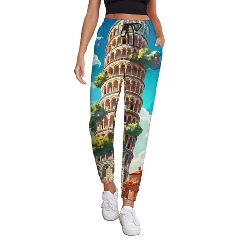 GQWJKSZ Pantalon de Jogging Confortable pour Femme, Motif Tour de Pise, emblématique de l'Italie, léger, pour Le Yoga et l'entraînement