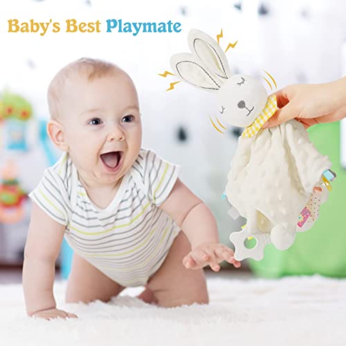 Image of Loveys for Babies, Security Blanket Soft Stuffed Animal Bunny Lovey Unisex Lovie Baby Stuff Snuggle Blanket with Tags Teether Bells, Soothing Plush Toys Baby Gift for Newborn, White Rabbit