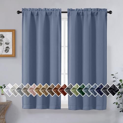 Image of Denim Blue Short Blackout Curtains for Bedroom 45 Inches Long 2 Panels, Solid Thermal Insulated Blackout Curtains, Energy Saving Soft Fabric Window Drapes, Dual Rod Pocket, 2x40Wx45L Inches