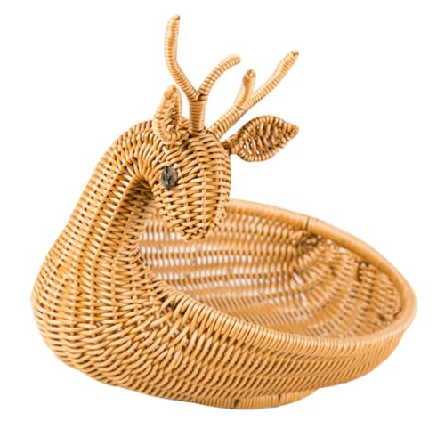 SHOWERORO 1pc Bread Basket Food Serving Tray Rattan Fruit Basket Trim Tray Nuts Serving Tray Rattan Tray Decorative Tray Woven Basket Wooden Serving Plate Vegetable Bamboo Deer re-usable