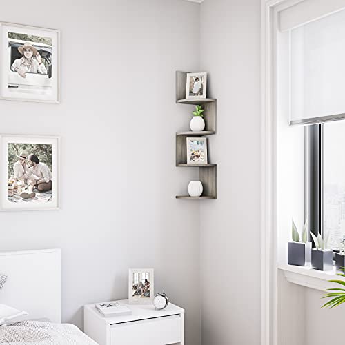 Ballucci 2 Tier Corner Shelf Wall Mount, 7.75" X 7.75" Per Tier, Small Wood Floating Corner Shelves For Bathroom, Bedroom, Living Room - Brushed Gray #TOP3