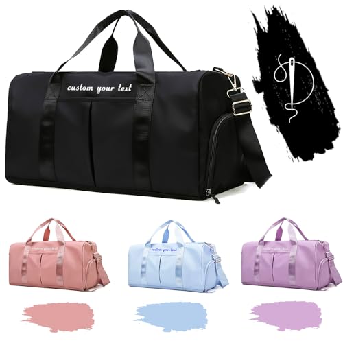 Personalized Duffel Bag with Name Embroidered Customized Sports Gym Bag for Traveling with Wet Dry Pockets & Shoe Compartment Gift for Girls Women-Black