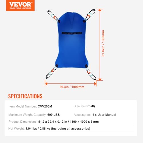Image of VEVOR Universal Full Body Patient Lift Sling -Small, Patient Lift Medical Sling for Easy Transfer and Bathing, Polyester Patient Aid Transfer Sling for Elderly, Disabled, Bedridden, 600LBS Capacity
