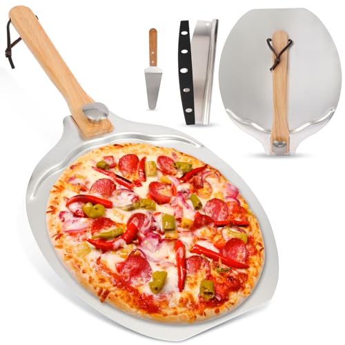12"x14" Aluminum Pizza Peel Set with Wooden Handle & Cutter