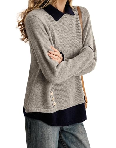 Image of LAI MENG FIVE CATS Women Polo Contrast Collar Knitwear Casual Pullover Top | Patchwork,Long SLeeve,Elegant Sweater,Daliy Work