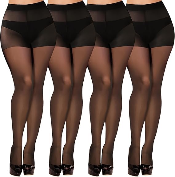 Image of Buauty 4 Pack 20D Sheer Black Tights for Women Control Top Run Resistant Pantyhose Reinforced Toe Tummy Control Stockings