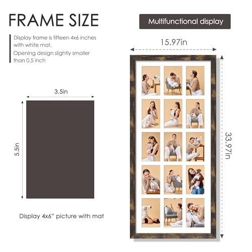 Image of DUENPY 14x32 Picture Frame 4x6 Collage Picture Frame Displays Fifteen 4x6 inch Photos Collage Wall Decor Wall Hanging Brown