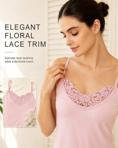 Image of Womens Tank Top Camisoles with Premium Cotton Italian Design - Trimmed with Flower Lace on Neckline