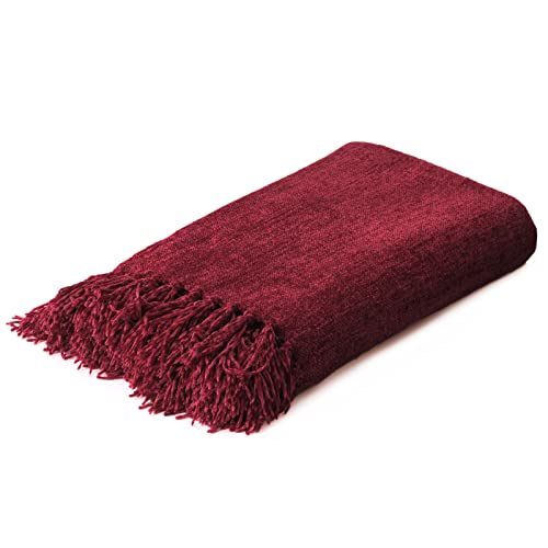 Yoenillo Burgundy Red Chenille Throw Blanket for Couch BedSoft Cozy Throw Blanket with Handmade Fringe Decorative Blanket for Sofa Chair Living Room for Gift (Burgundy Red)
