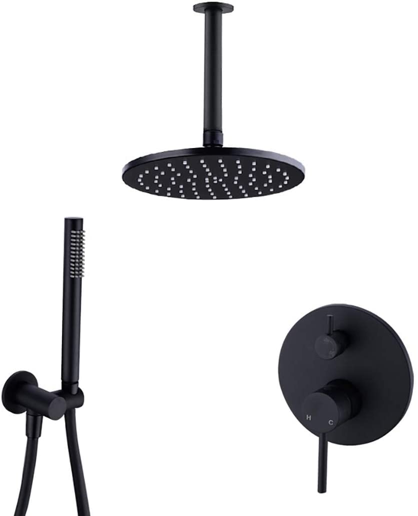 OZBMA shower set system, brass black ceiling mounted diverter mixer bathroom with 8-12 inch round rainfall head and handheld shower, set,8