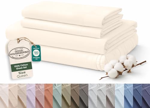 Image of Royale Linens 100% Organic Cotton Queen Sheet Set - 16 inch Deep Pocket Bed Sheets - Eco Friendly Cream Bed Sheets - Sabanas Queen - 1 Flat, 1 Fitted & 2 Pillowcase - Cream Sheet Set - Cotton Bedding Sets
