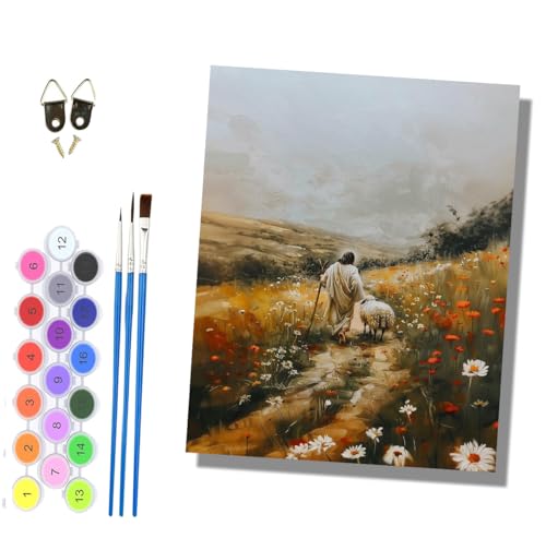 HONGPZH Pintura por Números para Adultos de Cuadro para Pintar por Números con Lienzo 40x50cm pintura al óleo de Adecuado para principiantesJesús guiando una oveja a través de un jardín de flores.