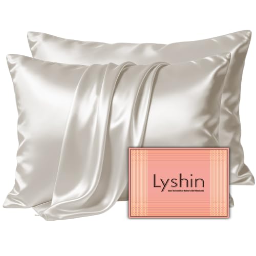 Image of LYSHIN Beige Silk Pillow Cases 2 Pack Standard Size with Zipper | 19 Momme Mulberry Silk Pillowcase for Skin and Hair, Anti-Acne, Hypoallergenic, Cooling, Beauty Sleep, Gifts for Women