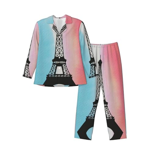 Pyjama homme imprimé Tour Eiffel haut de gamme avec finitions boutonnées et poches