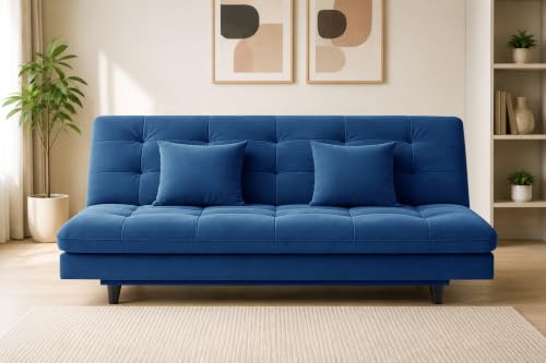 Image of Los Angeles Modern Convertible Futon Sofa Bed, Tufted Upholstered Folding Couch with Adjustable Backrest, Space Saving Sleeper Sofa for Living Room, Apartment, Office, Dorm & Guest Room - Blue