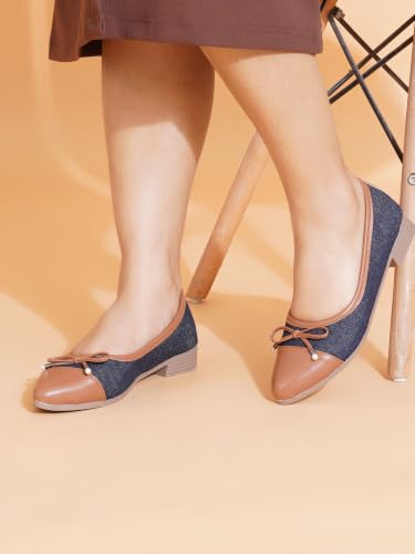 Image of TRYME Women's Denim Bow Belly Ballerina Flats | Lightweight Slip-On Casual Shoes | Soft Sole Comfortable Footwear