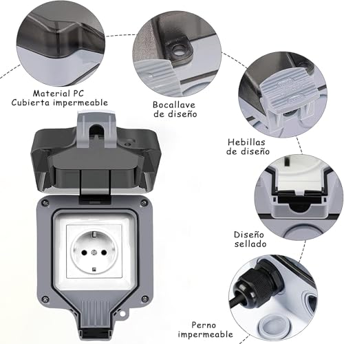 Miniatura 4 de Enchufe Exterior Estanco Ip66 Impermeable Toma De Corriente, 16a Pared Enchufe Exterior Con Conector De Cable Y Tapa Abatible, Estancos Exterior Enchufes Para Jardín, Piscina, Cocina, Baño Y Garaje