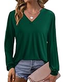 Beluring Damen Blusen Langarm Basic T-Shirt Sexy V-Ausschnitt Einfarbig Shirts Grün M