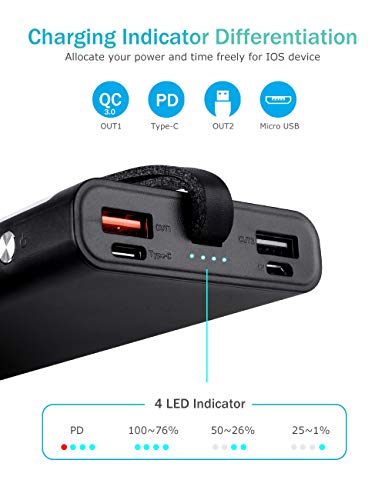 MOSFiATA 18W 10000 mAh USB C Power Bank, PD+QC 3.0 USB- C Fast Charger, 2 Input and 3 Output Portal with High-Speed Charging Tech, Emergency Flashlight and Leather Rope for Easy Carrying