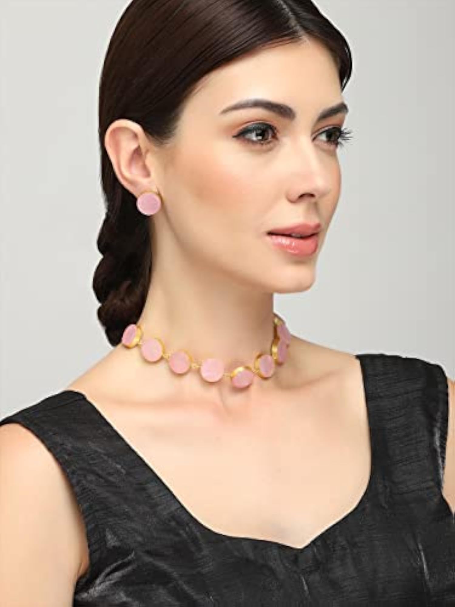 Women's Gold Plated Pink Stone Choker Necklace Set with Earrings