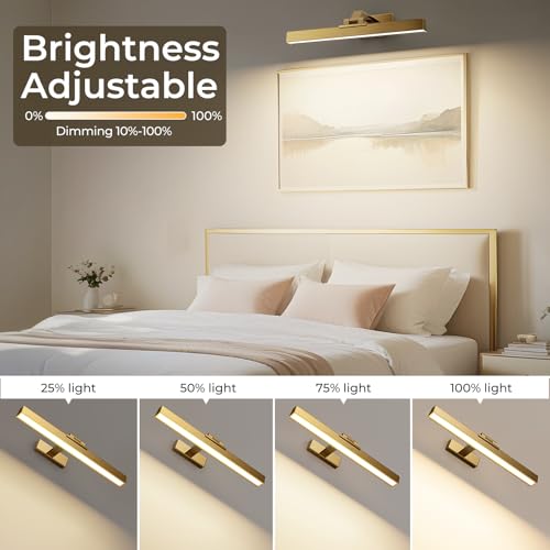 Image of Afyuol Picture Lights for Wall, Brass Battery Operated Picture Light 16in Art Light CCT Dimmable Recharging Battery Wall Light with Remote Control for Living Room Gallery