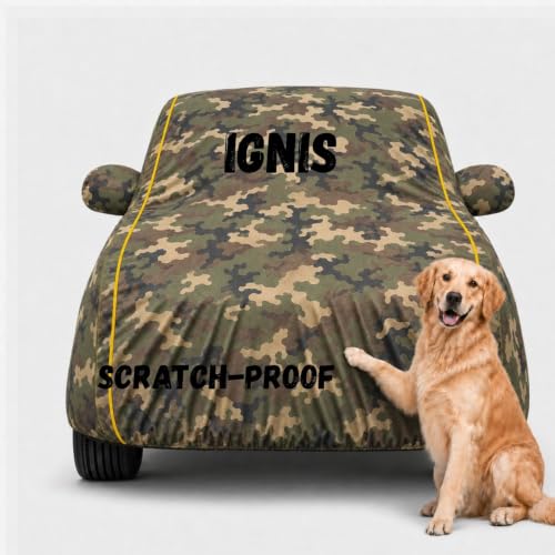 Image of Waterproof Car Cover for Ignis | Soft Cotton Lining Heavy Duty Triple Stitched Heat Resistant Outdoor Cover Comes with Mirror and Antenna Pocket Full Bottom Elastic (Jungle)