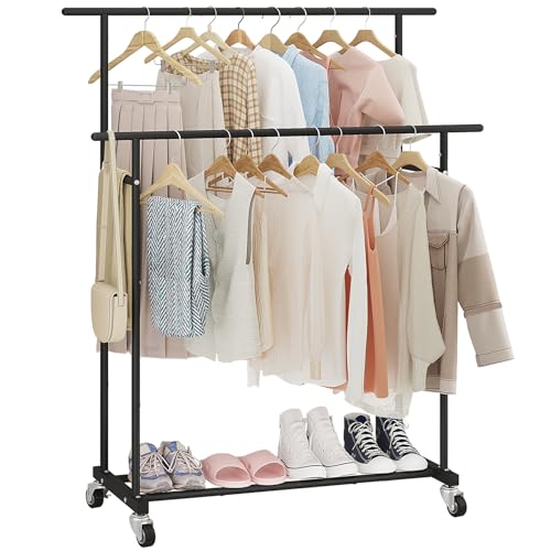 Calmootey Double Rod Clothing Garment Rack,Rolling Hanging Clothes Rack,Portable Clothes Organizer...
