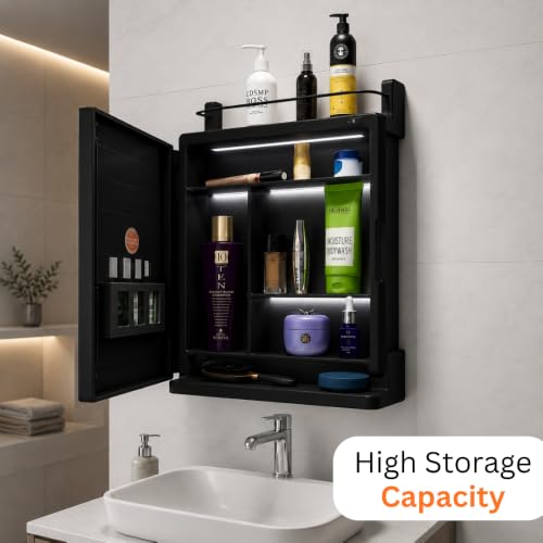 Image of BRANCO Bathroom Cabinet with Mirror | Storage Organiser | Strong Plastic Bathroom Shelves Wall Mounted | Mirror Cabinet (Black)