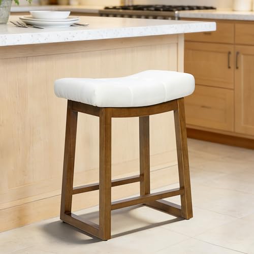 BONBEUR Bar Stool, Backless Counter Height Saddle Bar Stool with Walnut Legs & Upholstered Fabric Seat, Modern Wooden Counter Stool for Kitchen Island, Home Bar, Cream White
