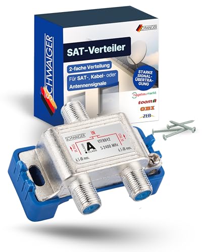 SCHWAIGER Sat Verteiler 2fach Antennenkabel Koaxialkabel Antenne Breitbandkabel Koaxial Splitter TV 5 dB Verteildämpfung HDTV DVB-S2 F-Stecker Anschluss mit Abstandshalter