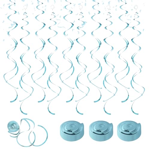 Image of Teal Hanging Swirls Party Decorations 30 Pack- Extra Long Double Swirl Ceiling Decorations for Birthday, Baby Shower, Christmas, Wedding | Reusable Teal Party Streamers with Hooks