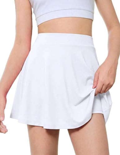 Arshiner Jupe-Shorts pour Filles Taille Haute Jupe de Sport Coupe Trapèze avec Shorts Intégré et Poches Blanc/12-13 Ans