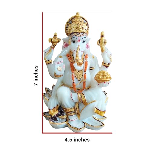 Image of YASHONIDHI Lord Ganesh Idol, 7 Inches, White and Gold Color, Marble Dust, Ganapati Murti, for Pooja Room, for Home Decor, Office Decoration, for Good Luck and Wealth, Gift for All Occasions