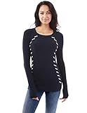 PattyBoutik Women’s Crewneck Trim Ribbed Sweater (Navy Blue and Ivory L)