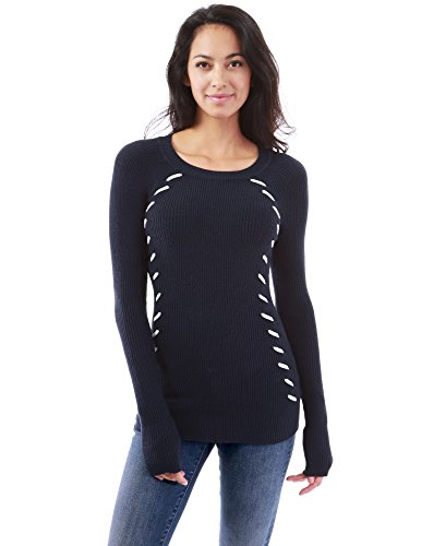 PattyBoutik Women Crewneck Trim Ribbed Sweater (Navy Blue and Ivory Large)