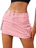 ELLEVEN Mini Cargo Skirts for Women High Stretchy, Low Waist Y2k Skirt Button Cute Denim Bodycon Jean Skirt with Pocket Light Pink Medium