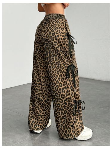 Women's Leopard Print Wide Leg Sweatpants Bow Knot Elastic Waist Loose Long Pants Streetwear2