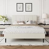 IOILORI Full Size Bed Frame Platform with Velvet Upholstered Headboard, Sturdy Wooden Slats, No Spring Box, No Noise, Easy to Assemble, Light Grey Bedframe with Strong Wooden Slats, Beige