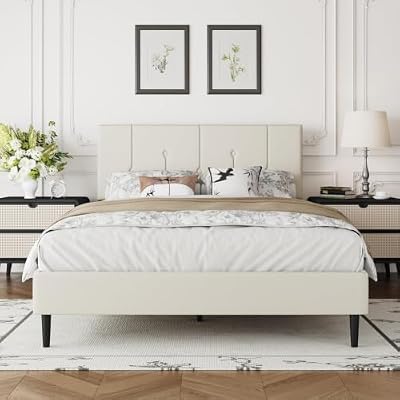 IOILORI Full Size Bed Frame Platform with Velvet Upholstered Headboard, Sturdy Wooden Slats, No Spring Box, No Noise, Easy to Assemble, Light Grey Bedframe with Strong Wooden Slats, Beige
