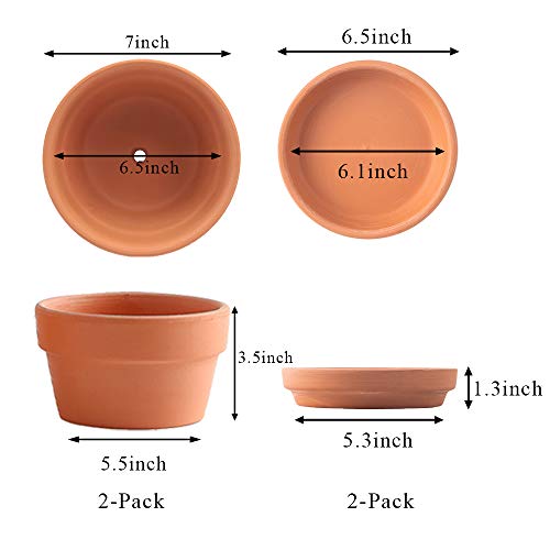 Yishang 7 Inch Terracotta Shallow Planters With Saucer/Tray,Ceramic Flower Clay Plant Pots With Drainage Hole,Unglazed Cactus/Succlent Plant Containers Indoor Garden Bonsai Pots #TOP1