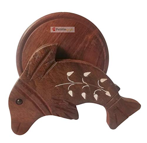 Image of Pebble Crafts Wooden Handmade Fish Shaped Set of 6 with Decorative Holder Tabletop Coasters for Tea Coffee Cups Mugs Beer Cans Bar Glass Indian Handicrafts