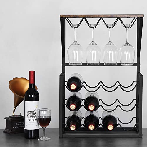 Mooace Wood Wine Rack, Countertop Wine Storage Stand, Hold 12 Wine Bottles And 8 Glasses, Freestanding Wine Holder Stand For Kitchen, Pantry, Cellar, Bar #TOP4